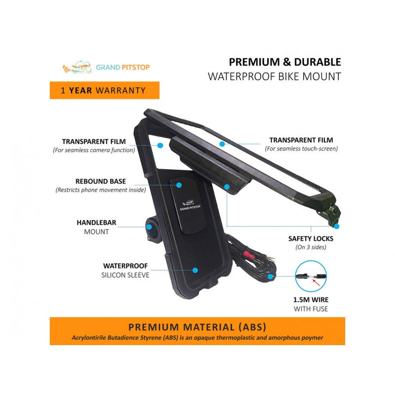 GrandPitstop Handlebar Mount Fully Waterproof Mobile Phone Holder Mount with Fast 15W Wireless & USB-C Input/Output Charger