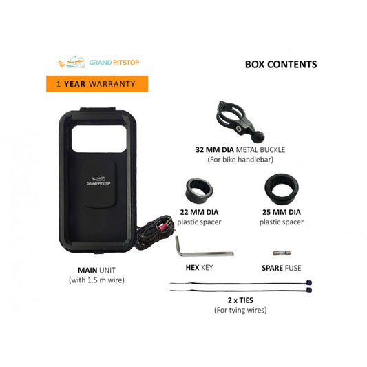 GrandPitstop Handlebar Mount Fully Waterproof Mobile Phone Holder Mount with Fast 15W Wireless & USB-C Input/Output Charger - AH Helmets