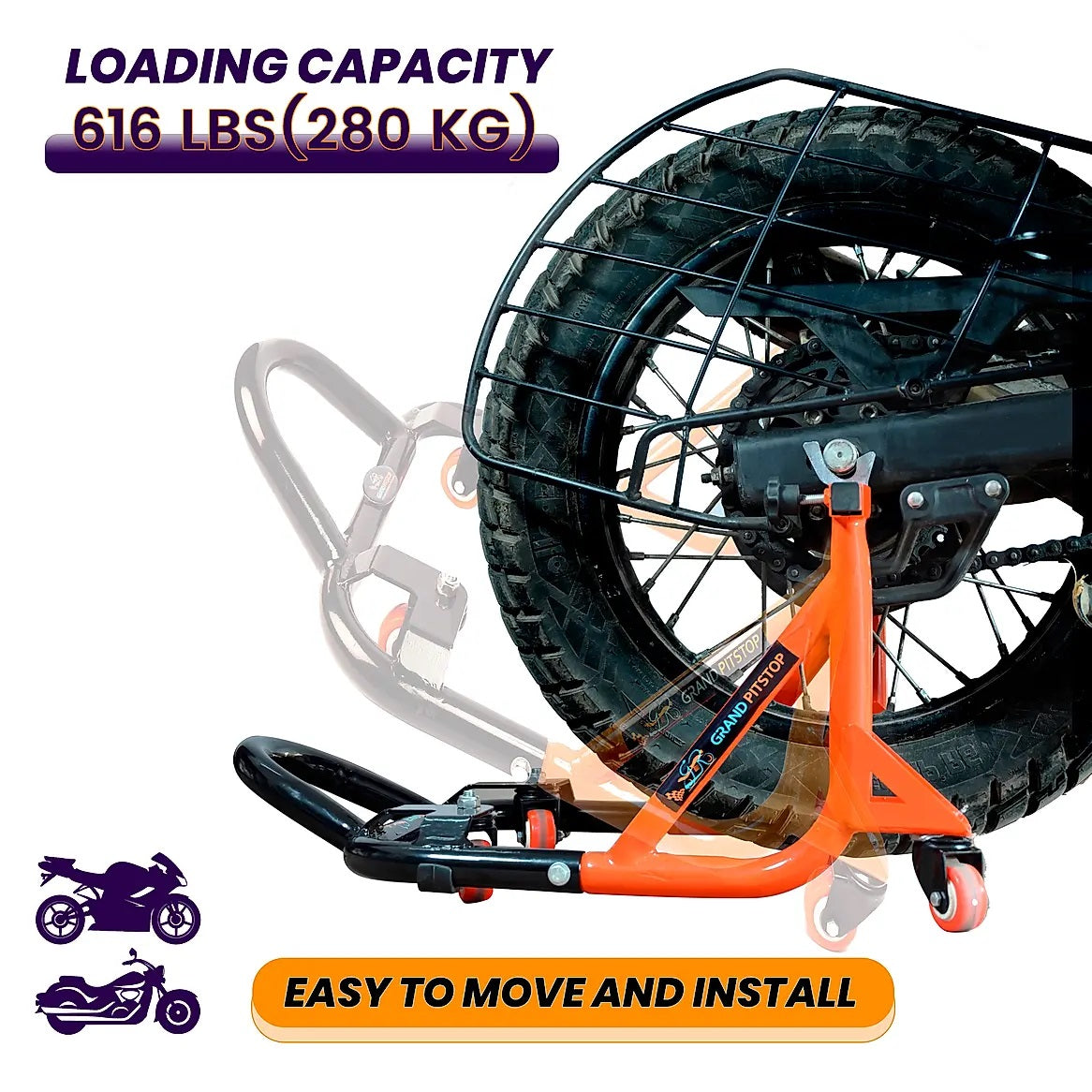 Rear Paddock Stand Dismantable with 360 Rotation- Black Orange-(Bike Wt upto: 280 kgs) - AH Helmets