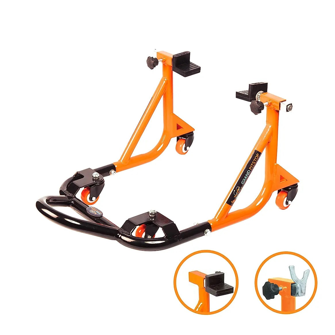 Rear Paddock Stand Dismantable with 360 Rotation- Black Orange-(Bike Wt upto: 280 kgs) - AH Helmets