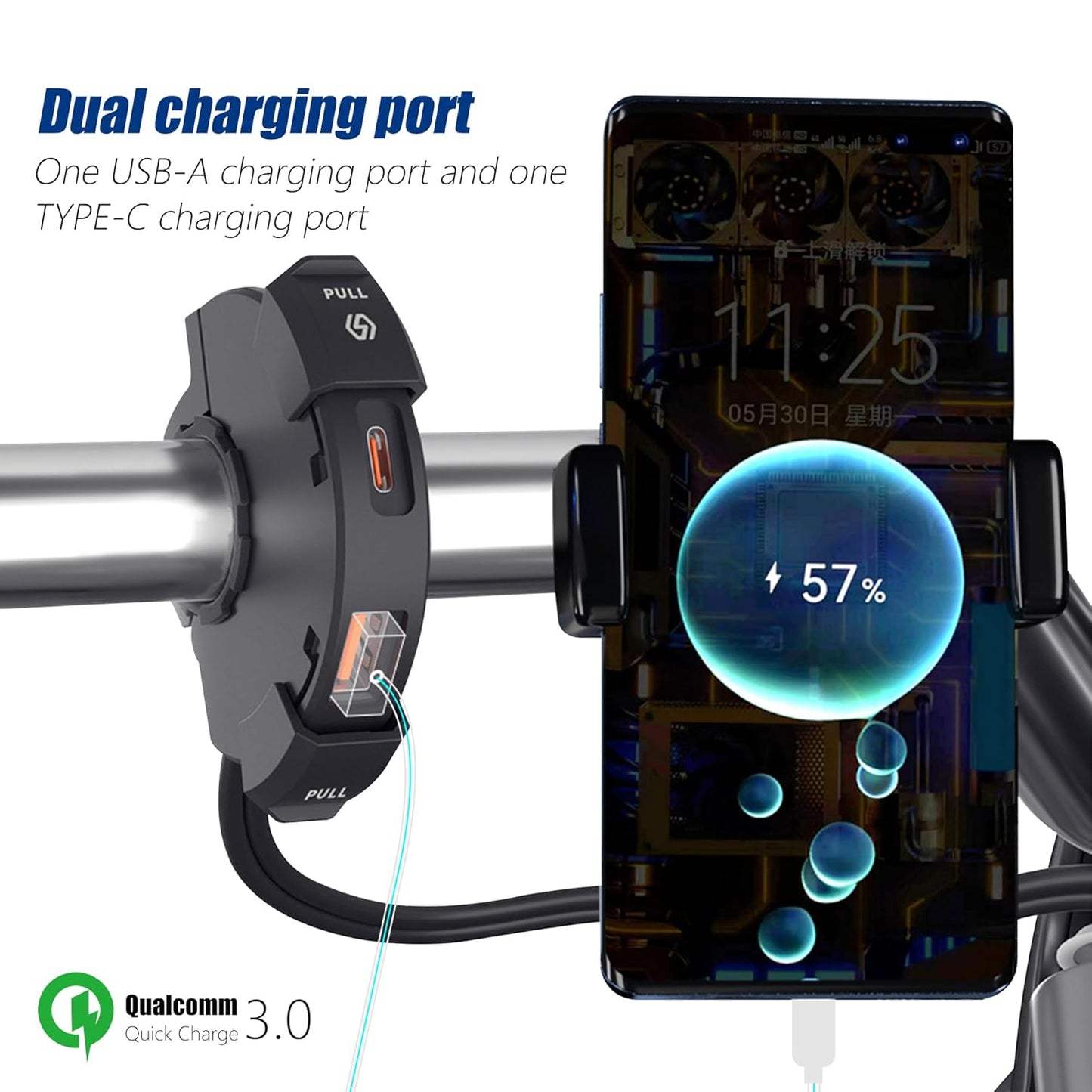 Aqua motorcycle Handlebar 30w USB plus C pin CHARGER