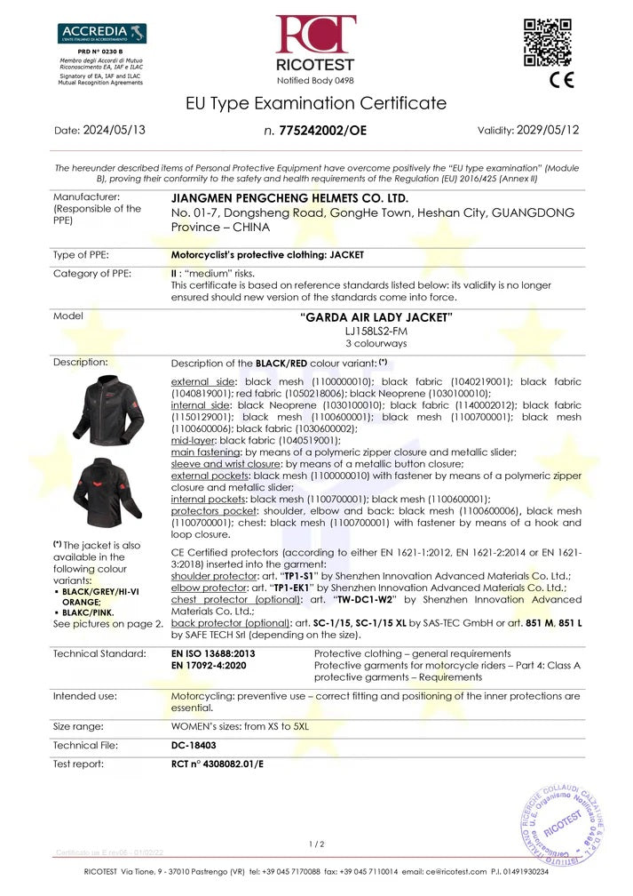 LS2 GARDA AIR (LADY) BLACK-RED CE CLASS A CERTIFIED JACKET