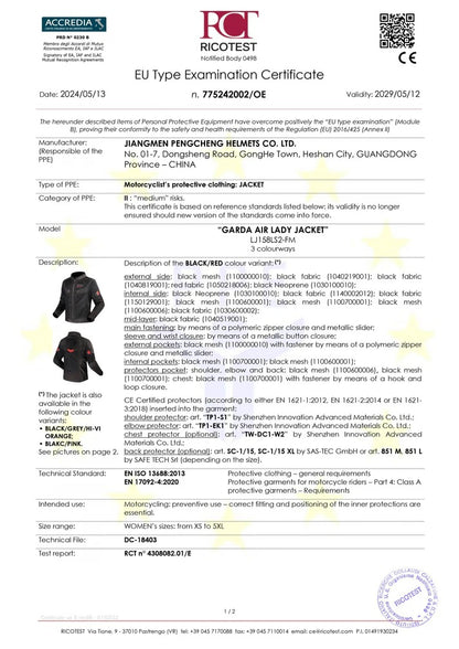 LS2 GARDA AIR (LADY) BLACK-RED CE CLASS A CERTIFIED JACKET