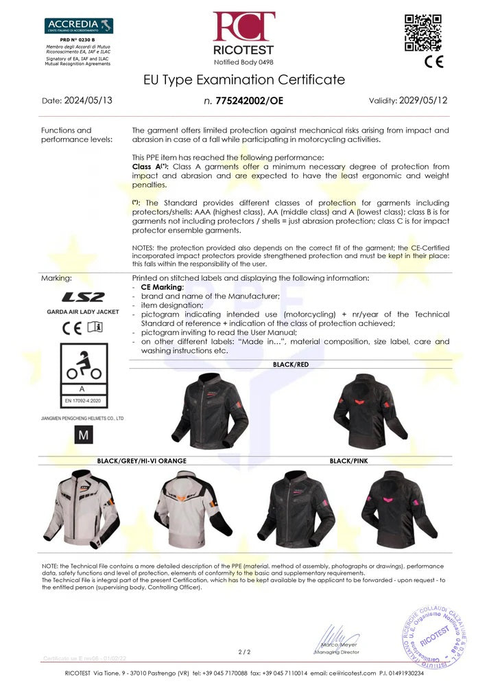 LS2 GARDA AIR (LADY) BLACK-RED CE CLASS A CERTIFIED JACKET