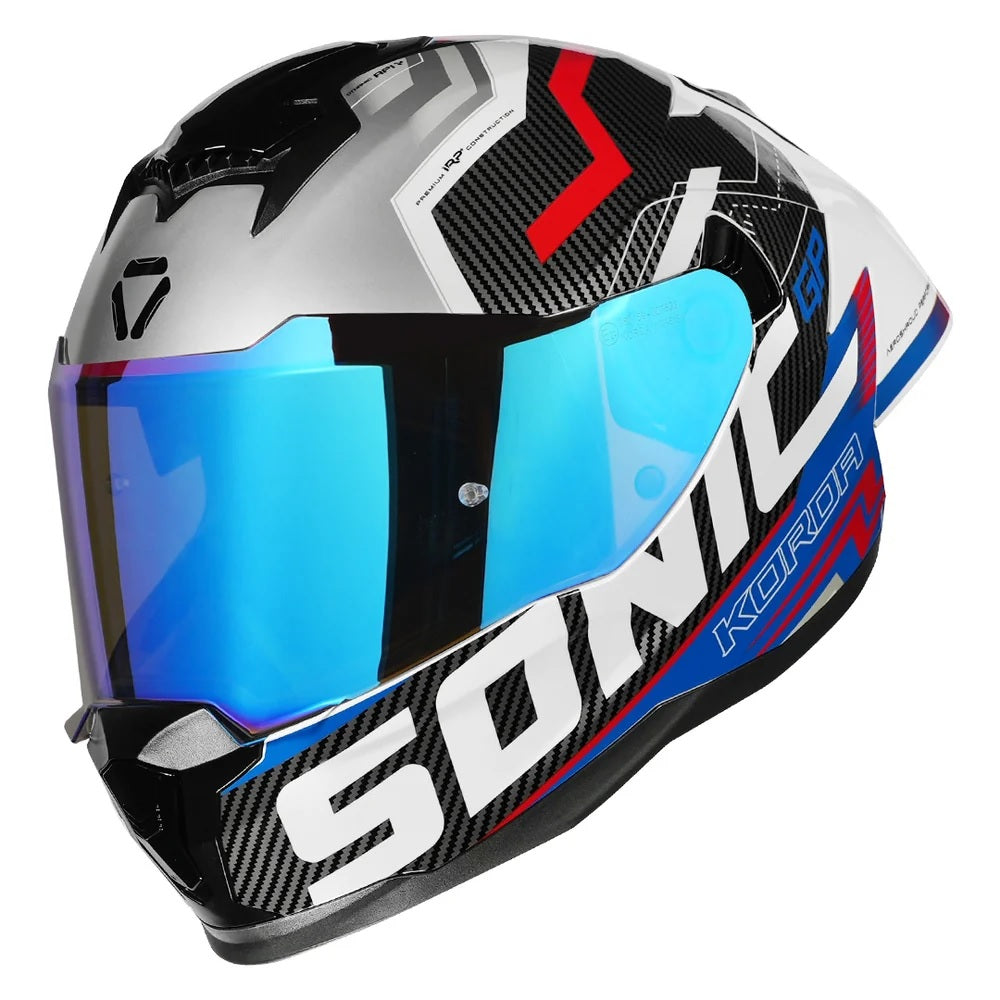 KORDA SONIC GP SPI-D GLOSS WHITE BLUE W/V HELMET- FREE SMOKE VISOR