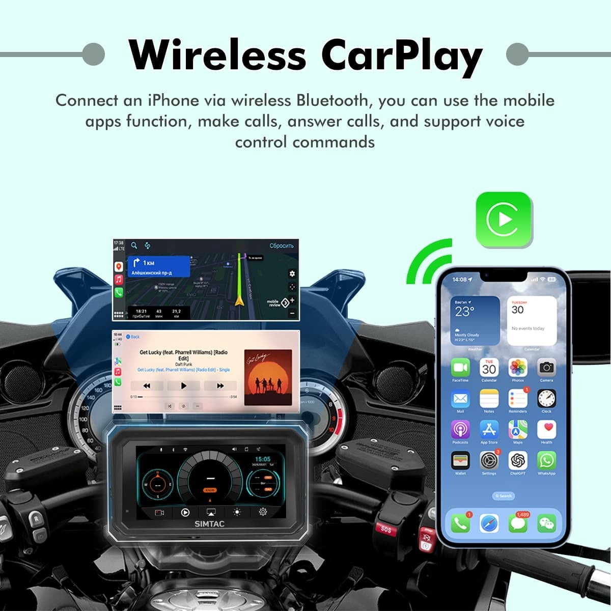 Simtac Quick Detachable Motorcycle GPS with CarPlay & Android Auto – M8DT