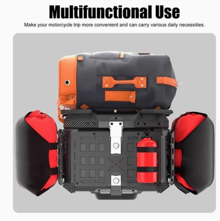 MH MOTO ADVENTURE ALUMINIUM TOP BOX - 45 Ltrs WITH INTEGRATED  MOLLE EXPANSION SIDE OPNABLE TRAY