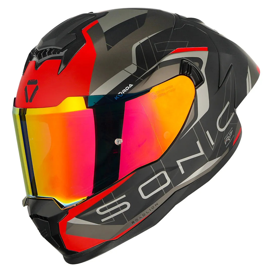 KORDA SONIC GP ROADLION GLOSS BLACK RED W/P HELMET (Dual visor)